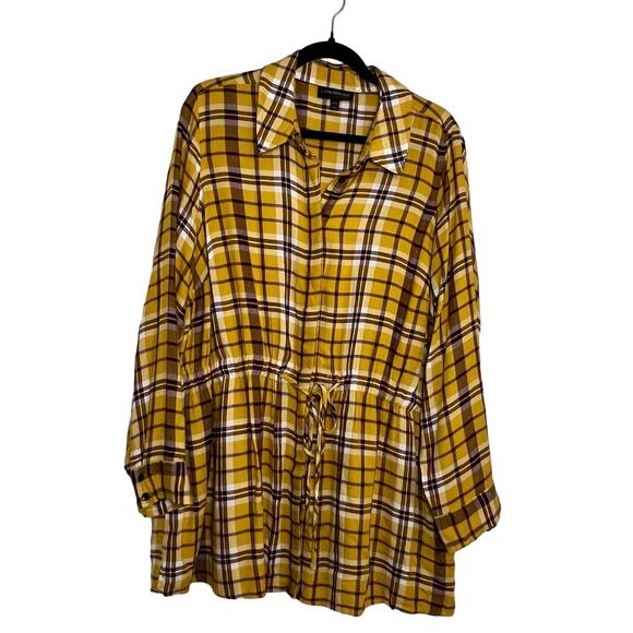 Lane Bryant Women's Top Size 18/20 Plaid Mustard Color Drawstring Waist Collared - Picture 2 of 12